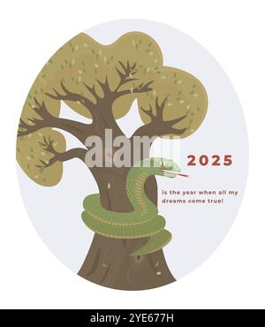 symbole de 2025 ans, serpent vert s'enroule autour d'un arbre, illustration vectorielle colorée avec un texte optimiste Illustration de Vecteur