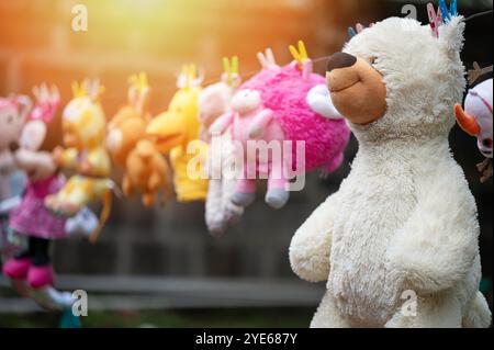 Peluche pelucheuse blanche ours sec sur le jardin de soleil vue rapprochée Banque D'Images