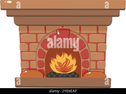 Cheminée en brique avec feu brûlant et bûches sur le foyer. Illustration de l'élément intérieur de la maison confortable. Concept de chaleur et de détente hivernale. Conception pour gr Illustration de Vecteur