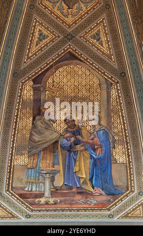 ALESSANDRIA, ITALIE - 9 SEPTEMBRE 2024 : la fresque au plafond du mariage de la Vierge Marie et de Joseph dans la cathédrale (chapelle imaculée) Banque D'Images