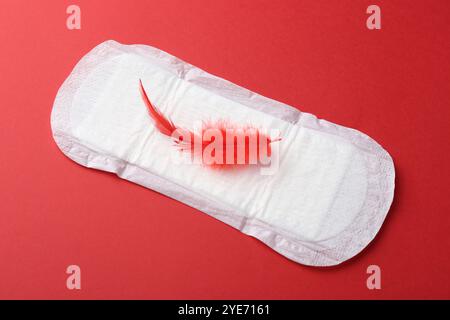 Tampon menstruel avec plume sur fond rouge, vue de dessus Banque D'Images