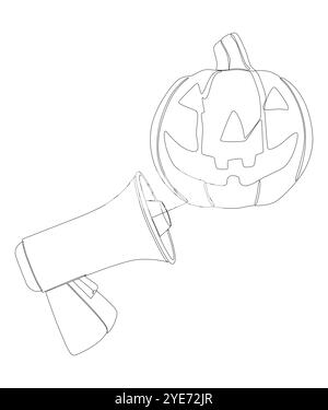 Une ligne continue de mégaphone avec une citrouille Jack O' Lantern d'Halloween. Concept vectoriel d'illustration de ligne mince. Contour Drawing idées créatives. Illustration de Vecteur