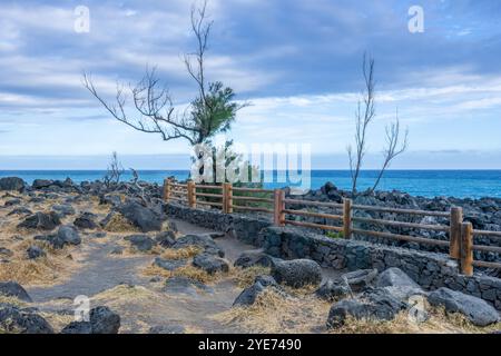 Une clôture en bois borde un sentier côtier pittoresque à Cap Mechant, île de la Réunion. Le chemin offre une vue imprenable sur la côte volcanique accidentée et le vas Banque D'Images