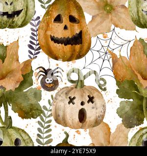 Un charmant motif aquarelle mettant en vedette des citrouilles effrayantes ainsi que divers éléments et motifs d'Halloween. Motif sans couture aquarelle pour l'impression sur tissu et papier. Banque D'Images