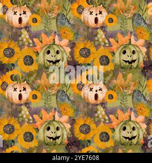 Un motif vibrant et animé mettant en vedette des citrouilles ludiques aux côtés de tournesols joyeux, idéal pour la décoration d'Halloween. Motif sans couture aquarelle pour l'impression sur tissu et papier. Banque D'Images