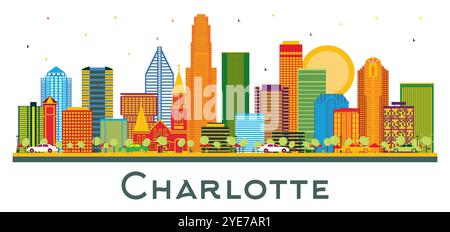 Charlotte North Carolina City Skyline avec des bâtiments de couleur isolés sur blanc. Illustration vectorielle. Illustration de Vecteur