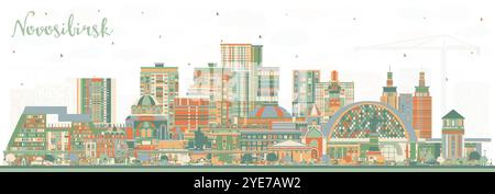 Novosibirsk Russie ville skyline avec des bâtiments de couleur. Illustration vectorielle. Novosibirsk paysage urbain avec des points de repère. Illustration de Vecteur