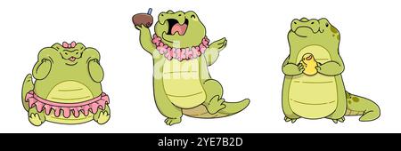 Mignonne mascotte d'alligator. Dessin animé de crocodile isolé sur fond blanc. Drôle de bébé reptile jouer avec le jouet et danser dans la collection de design tropical. Adorable, joyeux et amical ensemble de cliparts d'alligators Illustration de Vecteur