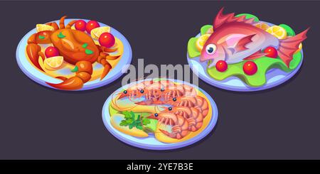 Plats de fruits de mer servie avec des garnitures colorées. Crabe cuit orné de tranches de citron, tomates. Poisson grillé décoré de laitue, agrumes. Crevettes fraîches disposées avec du persil, des légumes. Illustration de Vecteur