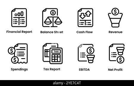 Rapport financier icône bilan ensemble illustration collection de symboles illustration des flux de trésorerie résultat net EBITDA des États financiers Illustration de Vecteur