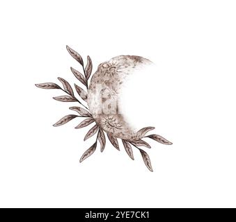 Lune et fleurs à base de plantes dans les tons marron et beige illustration aquarelle. Corps cosmique isolé du fond. Astrologie des phases lunaires. Conce de conception Banque D'Images