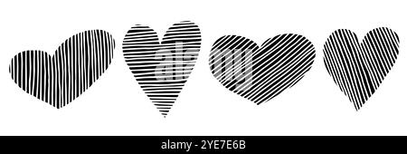 Ensemble icône Doodle Love géométrique. Une collection de quatre coeurs dessinés à la main. Formes noires isolées sur un fond blanc. Eléments simples. Design abstrait Illustration de Vecteur
