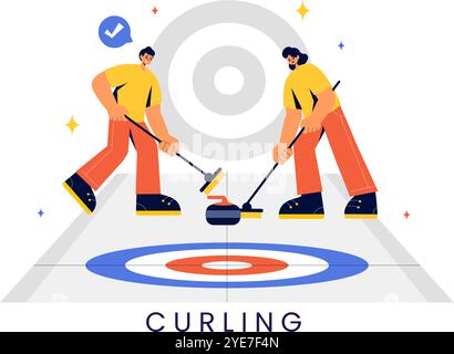 Illustration vectorielle de sport de curling mettant en scène une équipe jouant le jeu avec des roches et des balais sur une patinoire rectangulaire dans un championnat en arrière-plan Illustration de Vecteur