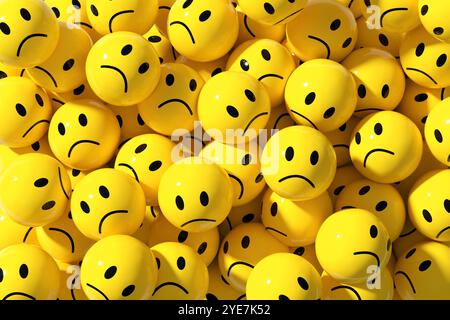 Grand groupe d'emojis jaunes malheureux montrant déception et tristesse, créant un sentiment de négativité. rendu 3d. Banque D'Images