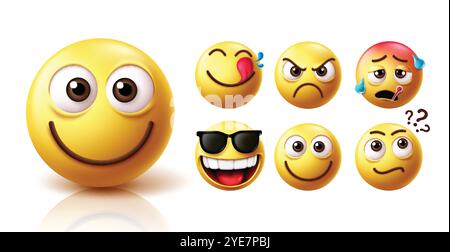 Émoticône émoticône de visage souriant emoji ensemble. Emojis personnage dans le sourire mignon, visage heureux et amical avec des émoticônes jaunes comme envie, en colère, malade, cool Illustration de Vecteur