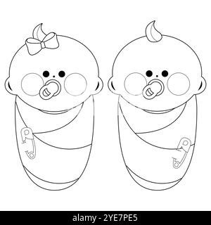 De mignons nouveau-nés emmaillotés enveloppés dans des couvertures. Nouveau-né bébé fille et garçon bébés jumeaux enveloppés dans un tissu. Coloriage noir et blanc Banque D'Images