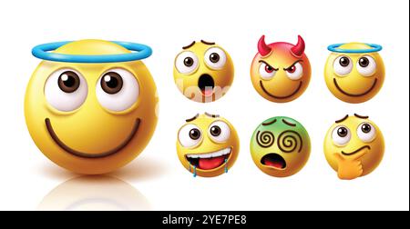 Jeu de vecteurs de caractère émoticône d'ange emoji. Emojis des visages compatissants et amicaux avec des émoticônes jaunes caractère comme choc, diable, gentil, envie. Illustration de Vecteur