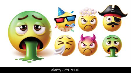 Jeu de vecteurs de caractères de visage emoji vomissant. personnages d'émoticône 3d dans l'expression faciale malade et dégoûtante avec clown d'anniversaire, en colère, pirate, pleurs, Illustration de Vecteur