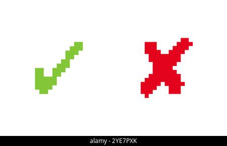 Symbole d'approbation et de rejet dans la conception de l'interface utilisateur. Pixel Art Green Check et icône Croix-Rouge. Indicateurs corrects et incorrects. Illustration vectorielle isolée Illustration de Vecteur