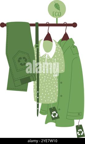 Shopping de mode durable. Tenue écologique sur cintres pantalon, ceinture, chemisier et manteau. Appréciez le concept de vêtements recyclés. Plaidoyer pour l'éco Illustration de Vecteur