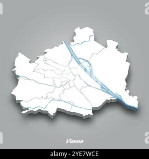 Carte isométrique 3D de Vienne montrant les rivières et les lacs en bleu avec un fond gris Illustration de Vecteur