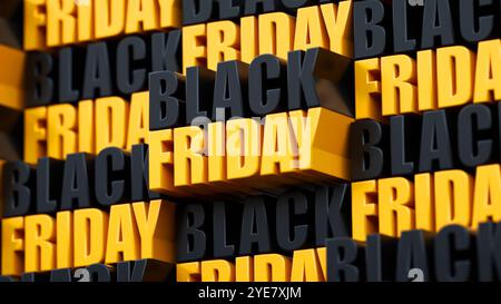 Texte Black Friday 3D en gras en noir et jaune, créant un arrière-plan dynamique pour les annonces de ventes et de promotions Banque D'Images