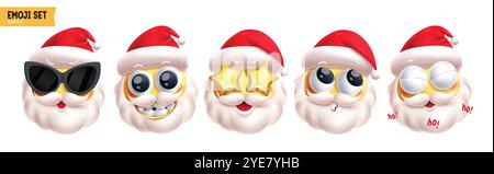 Jeu de vecteur de personnages de noël emoji santa claus. Emojis émoticône personnage de Noël dans cool, souriant, étonner, drôle, heureux et mignon visage portant chapeau rouge Illustration de Vecteur