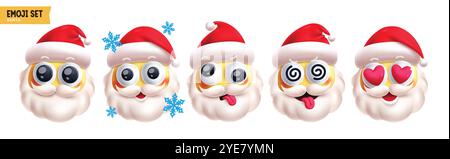 Jeu de vecteur de personnages de noël emoji santa claus. Emojis xmas émoticône personnage dans heureux, drôle, amoureux, étourdi, souriant et mignon visage portant du rouge Illustration de Vecteur