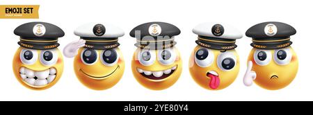 Emoji Coast Guard émoticône caractères vectoriels ensemble. Emojis professionnels caractère comme marine, capitaine, marin, croisière de bateau et marin émoticônes mascotte Illustration de Vecteur