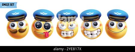 Jeu vectoriel de personnages émoticônes pilotes emoji. Emojis personnage de capitaine 3d dans des émoticônes d'expression faciale joyeuse, mignonne, en colère, idiote, souriante et amicale Illustration de Vecteur