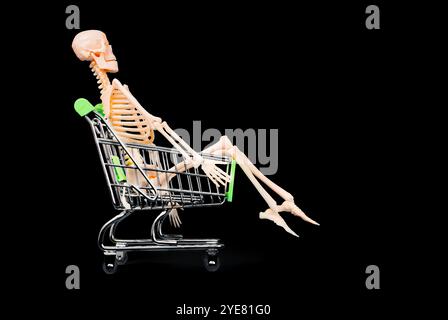 Figurine squelette humoristique assise dans un panier, sur fond sombre, idéale pour Halloween ou pour des images créatives. Banque D'Images