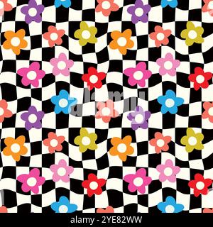 Fleurs colorées hippie à carreaux sur damiers gauchis noir et blanc motif sans couture. Pour l'emballage de papier, textile et tissu Illustration de Vecteur