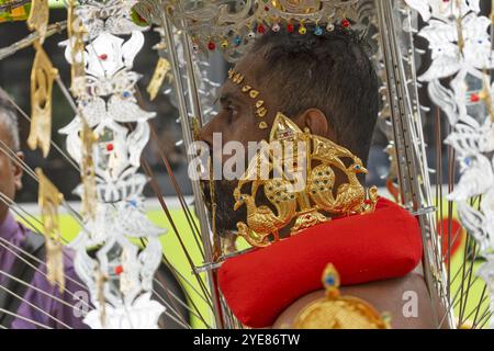 Détail d'un autel portable appelé Kavadi au festival Thaipusam à Singapour Banque D'Images