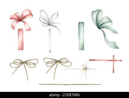 Noeuds, rubans et cordes pour l'emballage cadeau dans les couleurs rouge, vert, brun, blanc. Ensemble d'illustration d'aquarelle dessinée à la main d'éléments isolés pour les conceptions de beauté, les cartes de voeux et l'emballage cadeau festif. Banque D'Images