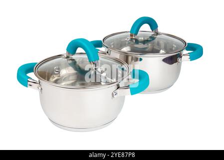 Set de pour marmite de cuisson en acier inoxydable isolé sur fond blanc avec chemin de découpage. Banque D'Images