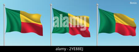 Ensemble de trois drapeaux du Bénin agitant sur des mâts de drapeau avec un fond de ciel bleu vif. Illustration de Vecteur