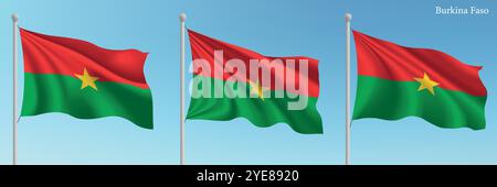 Ensemble de trois drapeaux du Burkina Faso agitant sur des mâts de drapeau avec un fond de ciel bleu vibrant. Illustration de Vecteur
