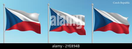 Ensemble de trois drapeaux de la République tchèque agitant sur des mâts de drapeau avec un fond de ciel bleu vif. Illustration de Vecteur