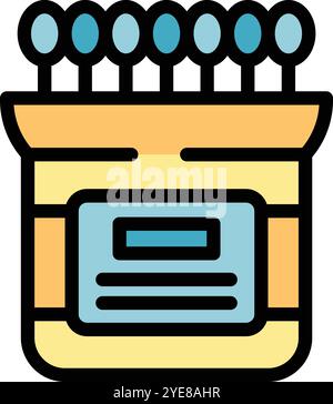Récipient en plastique jaune ouvert avec coton-tiges bleus pour le nettoyage et l'hygiène des oreilles Illustration de Vecteur