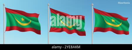 Ensemble de trois drapeaux de Mauritanie agitant sur des mâts de drapeau avec un fond de ciel bleu vif. Illustration de Vecteur