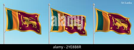 Ensemble de trois drapeaux du Sri Lanka agitant sur des mâts de drapeau avec un fond de ciel bleu vif. Illustration de Vecteur