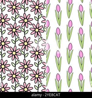 Blossom Marguerites et tulipes motif sans couture dans des nuances de sorption douces à la mode. Jeu de fond de printemps de 2. Cartes d'illustration vectorielle isolées, affiche, dépliants, bannière, salutations, prix, étiquette ou promo web Illustration de Vecteur