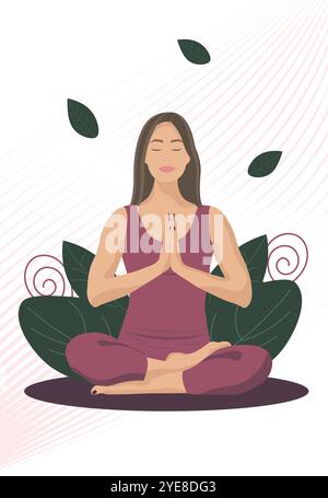 Jeune femme faisant du yoga. Fille assise dans la position de lotus. La femme est assise avec les jambes croisées et le visage paisible. Illustration de Vecteur