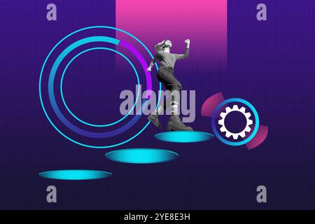 Illustration de tendance composite croquis photo 3D collage de l'effet de simulation virtuelle cyberespace future jeune femme grimper vers le succès roue dentée Banque D'Images