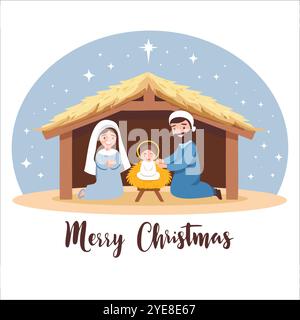 Joyeux Noël, scène de la Nativité avec Marie, Joseph et Jésus en crèche. Illustration vectorielle chrétienne de Noël dans le style de dessin animé avec la famille Sainte Illustration de Vecteur