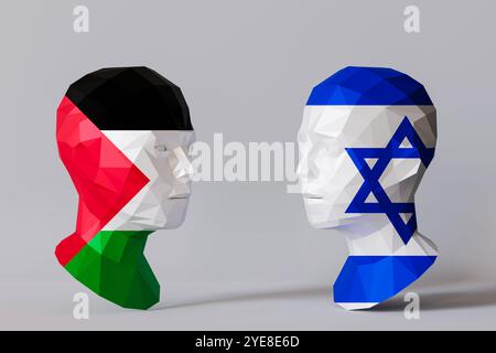 Image conceptuelle représentant le conflit israélo-palestinien, avec deux têtes polygonales se faisant face, l'une avec le palestinien et l'autre avec l'israélien Banque D'Images