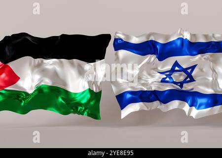 Drapeaux israéliens et palestiniens sur fond gris. L'image représente une relation complexe, mettant l'accent sur les thèmes de l'unité diplomatique et de l'identité culturelle Banque D'Images