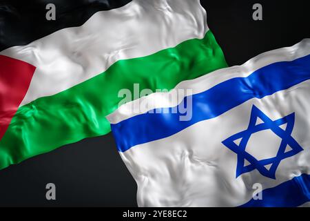 Drapeaux israéliens et palestiniens sur fond sombre. L'image représente une relation complexe, mettant l'accent sur les thèmes de l'unité diplomatique et de l'identité culturelle Banque D'Images