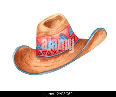 Chapeau sombrero aquarelle. Motif de rodéo peint à la main. Illustration sur le thème de l'ouest de la campagne Banque D'Images