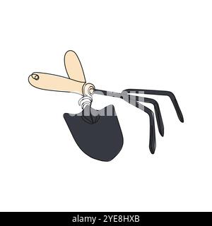 Outils de jardinage, bêche et râteau. Une seule ligne Concept de jardinage ou de plantation. Illustration vectorielle dessinée à la main. Illustration de Vecteur